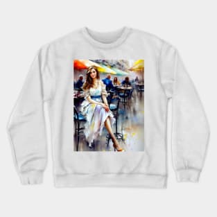 beauitful woman on parisian cafe Crewneck Sweatshirt